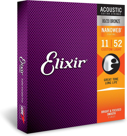 Corde per chitarra acustica bronzo 80/20 Elixir Strings con rivestimento NANOWEB, Light 012-053, Custom Light 011-052, Extra Light 010-047
